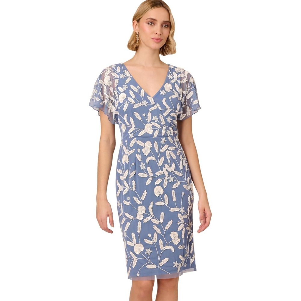 Adrianna Papell Women's Blue Floral Beaded Mesh Dress
